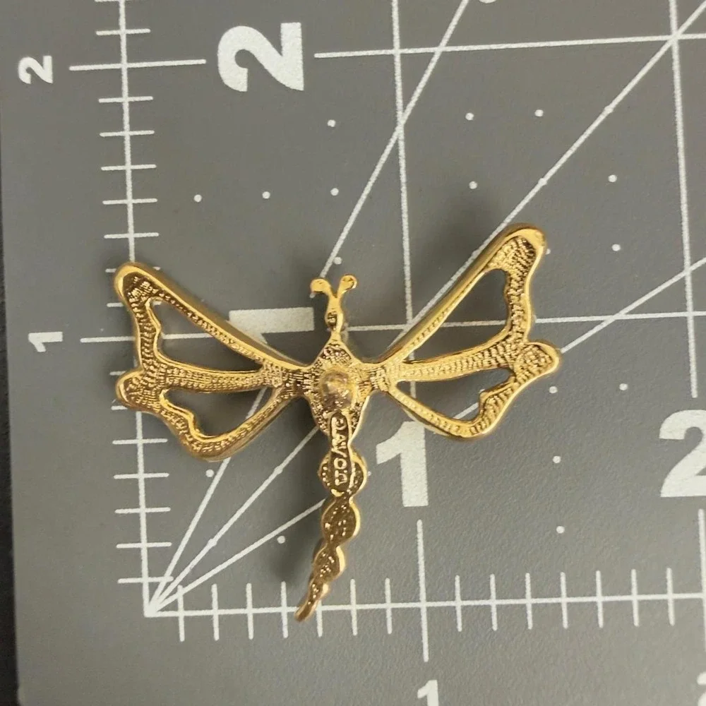 Avon Dragonfly Rhinestone Pin Iridescent Faux Opal Gold Tone Insect Brooch